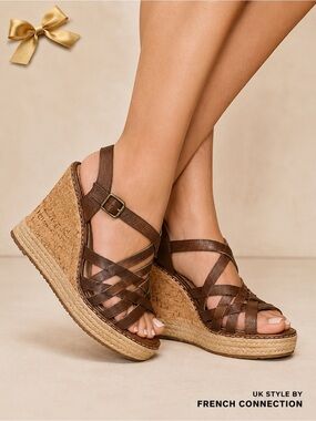 UK Style by French Connection Cork Wedge Leather Espadrilles Sz 6